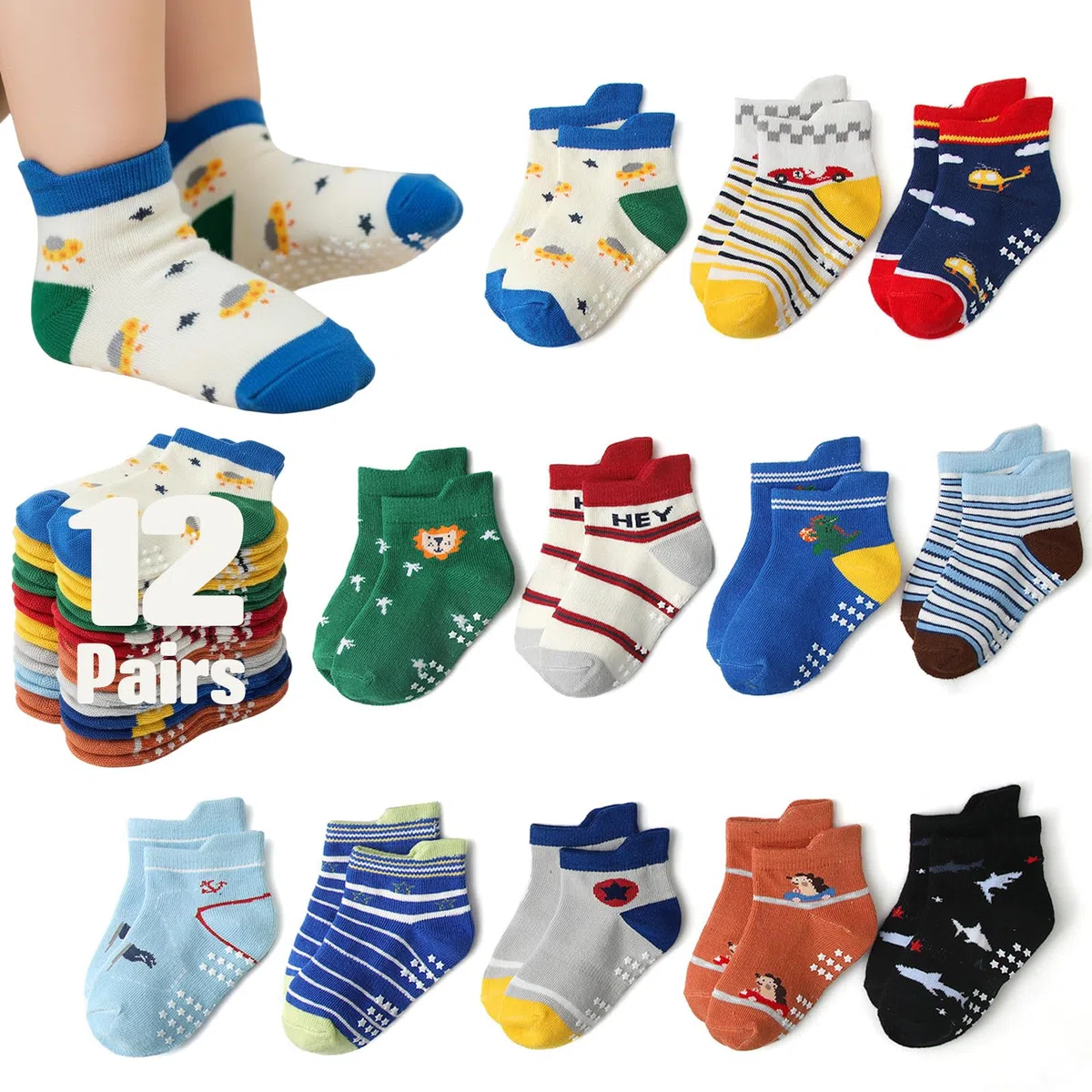 Pack de 12 Pares de Calcetines Antideslizantes de Algodón para Niños de 1 a 5 Años, Calcetines Bebé Niña Niño Transpirables