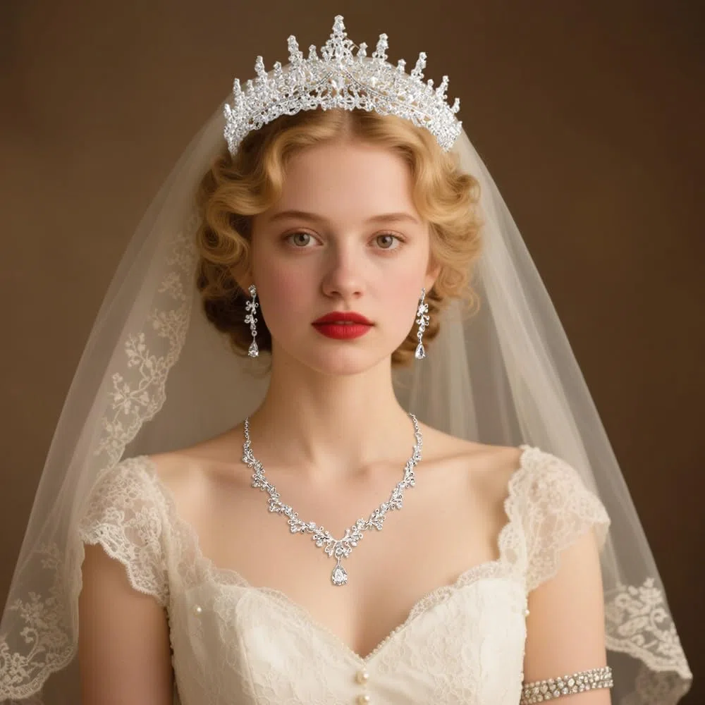 Elegante Set de Joyería de Novia de 3 Piezas con Corona Brillante Collar en V y Pendientes de Gota Joyería de Lujo para Bodas y Ocasiones Especiales