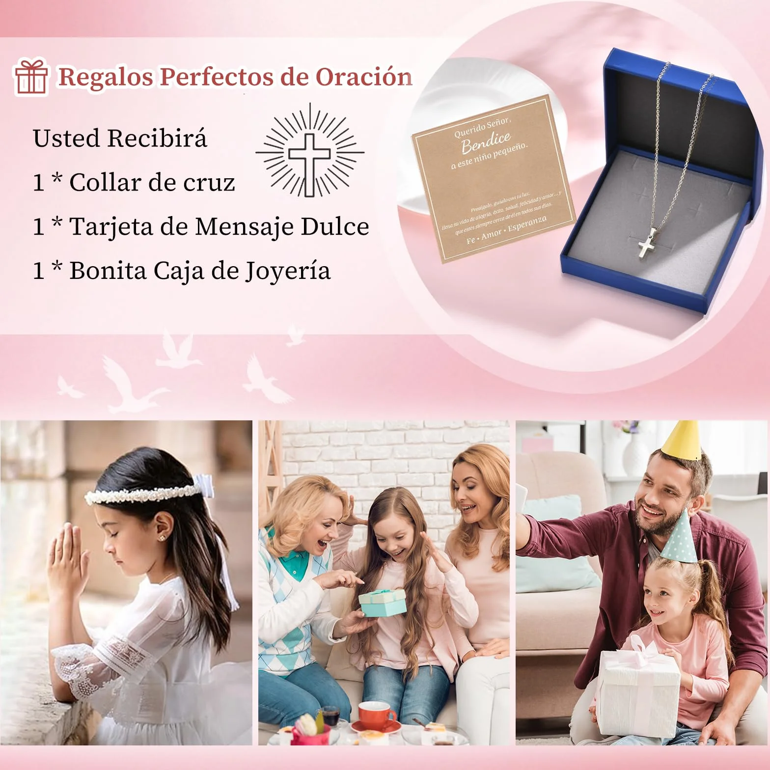Regalos Comunion Niña Niño - Colgantes Cruz Cadena de Acero Inoxidable 316L en Plateado u Dorado, Collar para Navidad Cumpleaños, Regalo de Bautizo primera comunión y Confirmación para Niños Niñas