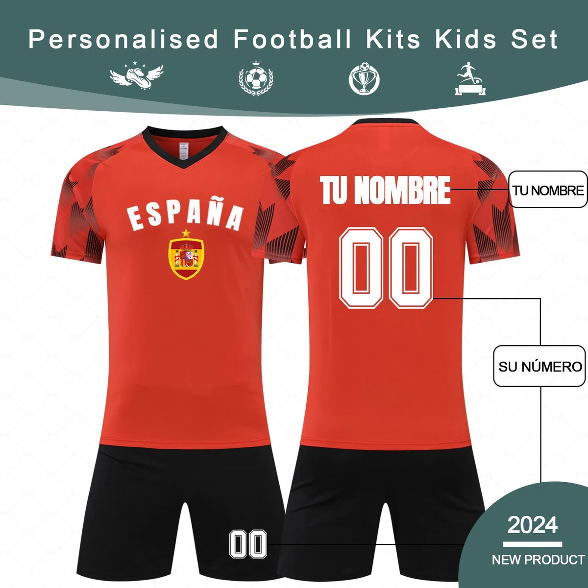 Camiseta de Fútbol España Niño, Camiseta Futbol Personalizada con tu Nombre Número, Equipaciones de Futbol Infantil/Adulto 2024