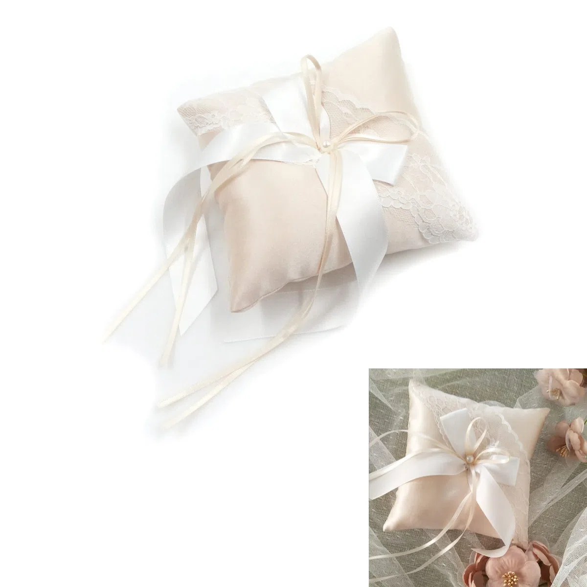 Marfil Boda Anillo Almohada CojíN - SatéN Y Perla Anillo De Boda Portador Almohada CojíN Bordar Encaje De Flores con Arco, 15 Cm X 15 Cm Portador De Anillo para Boda De Playa