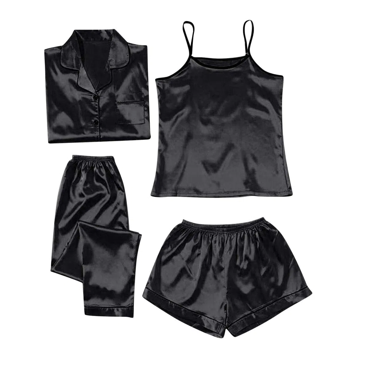 Conjunto de pijama de 4 piezas de satén y seda con mangas largas y botones para adolescentes y niñas