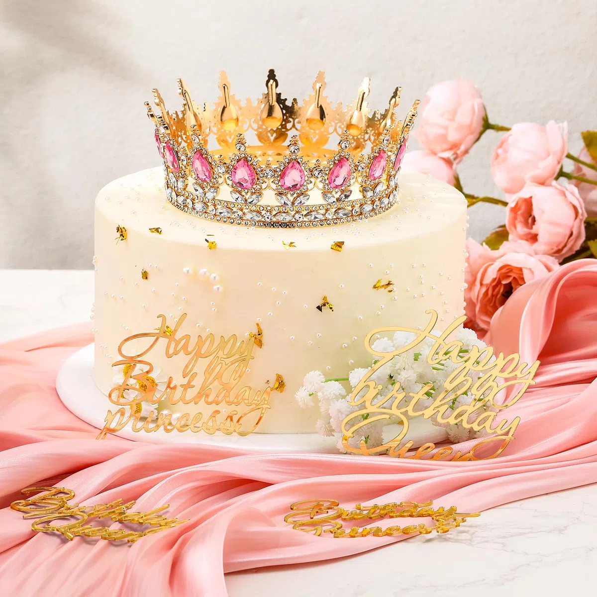 Corona de Cumpleaños para Tartas para Mujeres y Niñas Corona de Princesa Reina Tiara de Cumpleaños para Pastel con 4 Decoración para Tartas de Happy Birthday Queen Princess