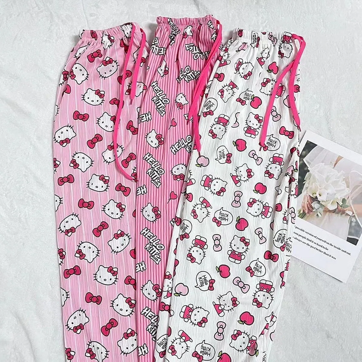 Pantalon Pijama Mujer Kitty Suaves Pantalones de Pijama Pantalones Largo de Salón con Cordón Cómodo Pantalones Ligeros de Pierna Ancha