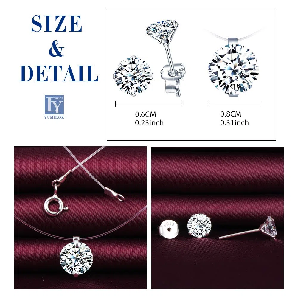 Yumilok Conjuntos de Joyas de Diamantes, Collar de Gargantilla con Hilo de Pescar Invisible, Gargantilla para Mujer, Pendientes de Diamantes, en Plata 925