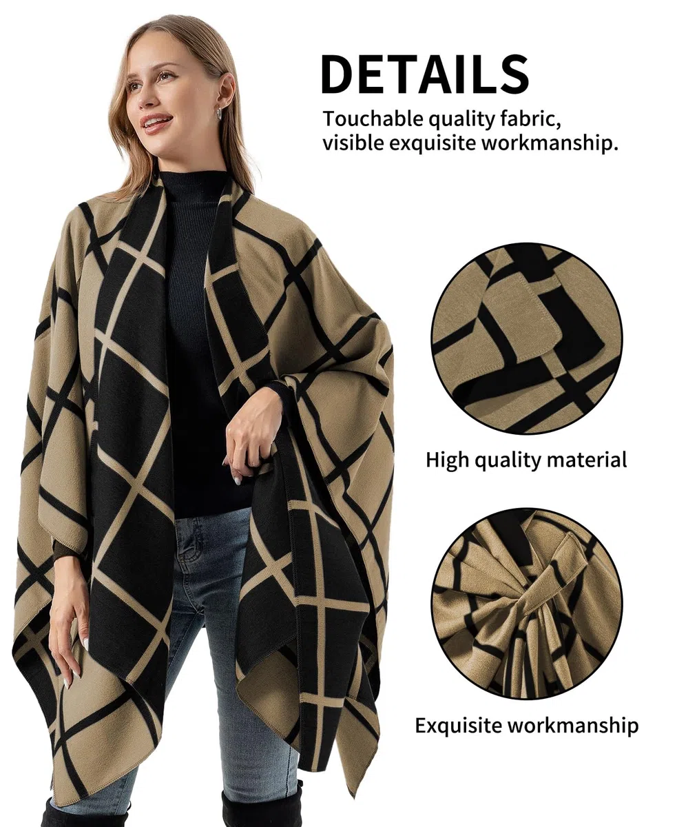 Poncho Abierto Punto Mujer Elegante Capa Grande Invierno Chal Cardigan Tartán Patrón Bufanda Manta Caliente