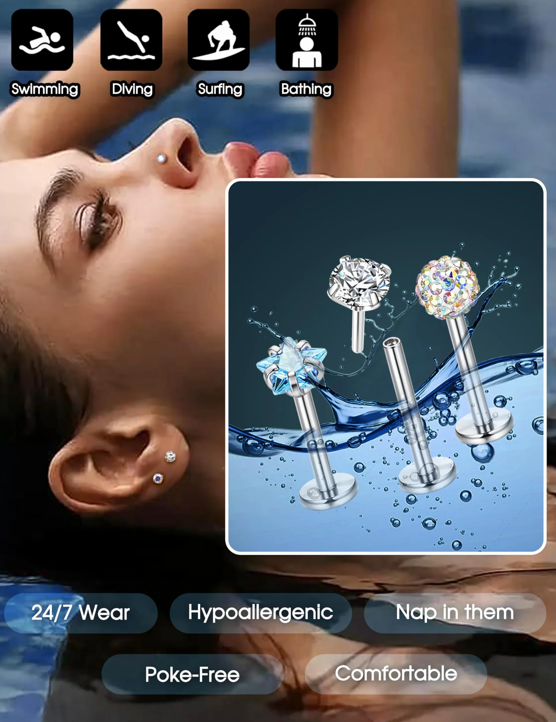 LOLIAS 28 Piezas Tragus Piercing Acero Inoxidable 16/20G 6/8mm Hombres Helix Piercing Labio Medusa Stud Pendientes Nariz Estrella Corazón CZ Ópalo Piercing Oreja Cartilago Joyas para Mujeres