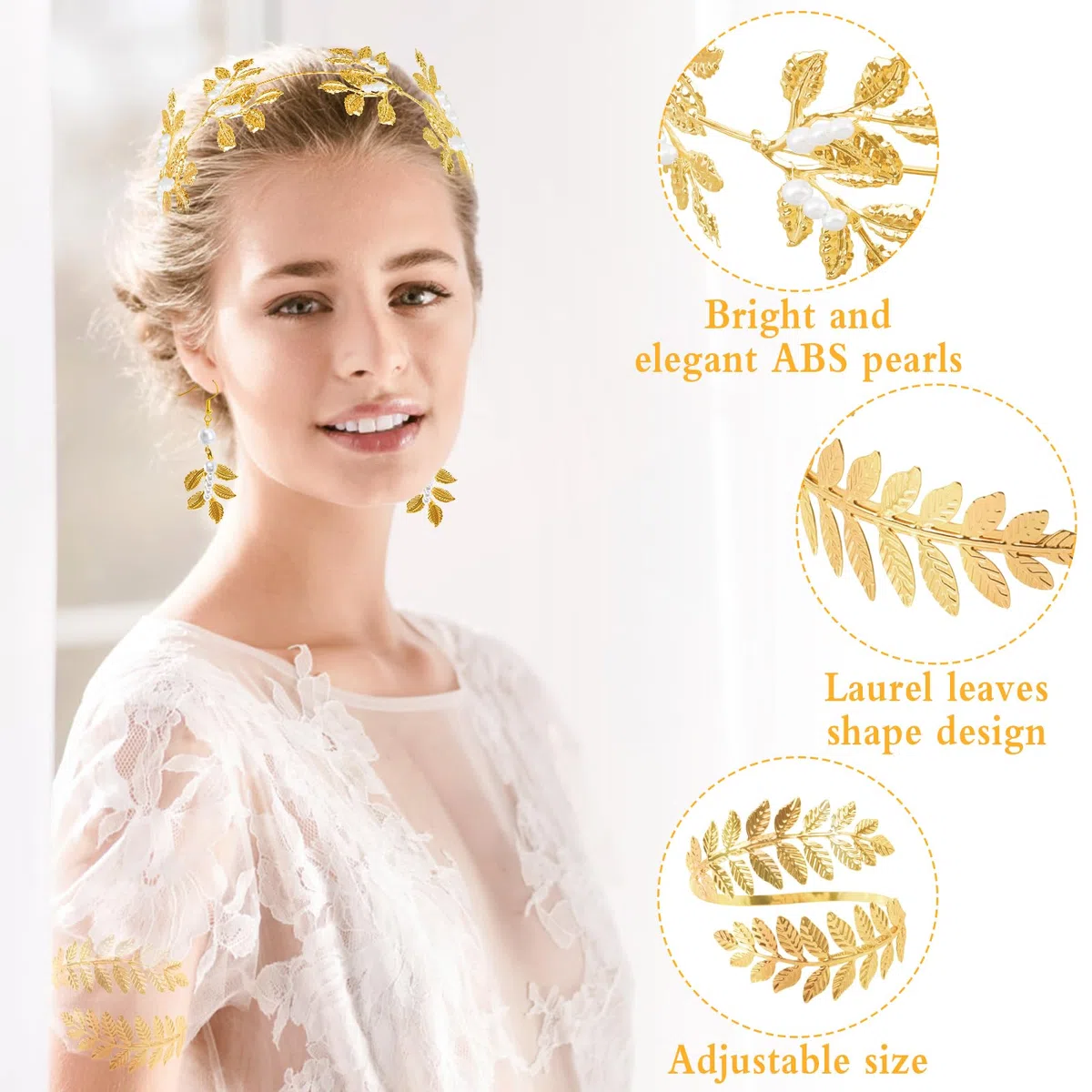 10 Accesorios Diosa Griega,Juego de Joyas Perla Conjunto Bisuteria Mujer Accesorios Romano Corona de Hojas Juego de Joyas para Mujer Oro Greek Goddess Bisuteria Joyería para Fiesta