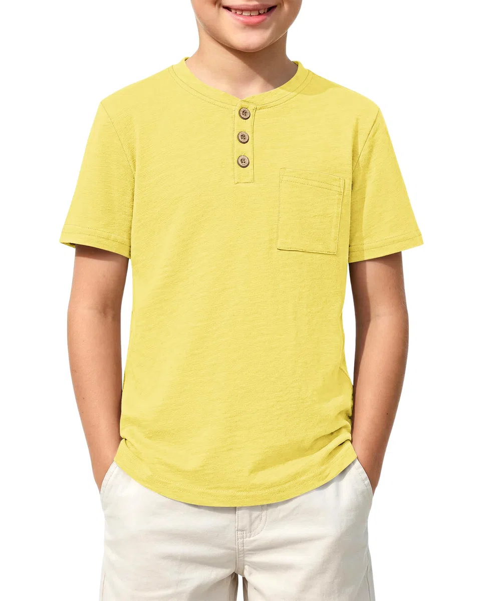 Camiseta de verano de algodón para niños, cuello redondo, botones sólidos, manga corta, bolsillo, casual, para niños, para uso diario