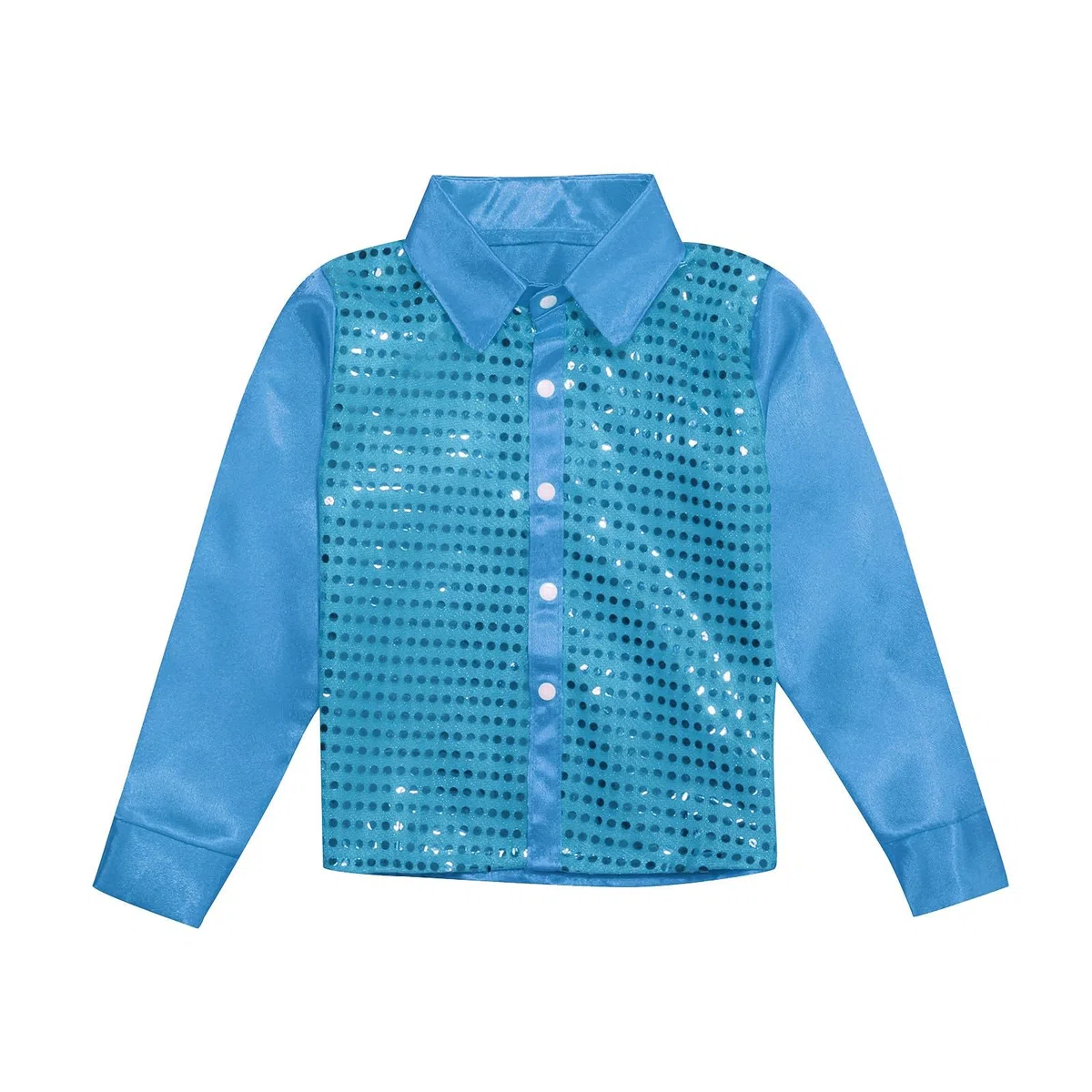 Camisa de manga larga para niños y niñas, con lentejuelas brillantes, camiseta de manga larga con botones para disfraz de danza de jazz, camisa blanca para niños, azul celeste, 7-8 años