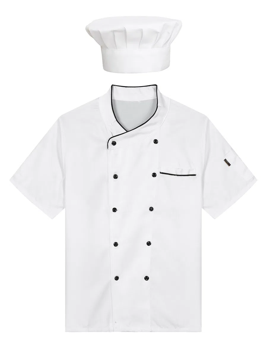 Runhomal Chaqueta de Chef de Manga Corta Hombre Mujer con Sombrero de Cocina Blusa Hotel Restaurante Bar Trabajo - Talla Pequeña Atención