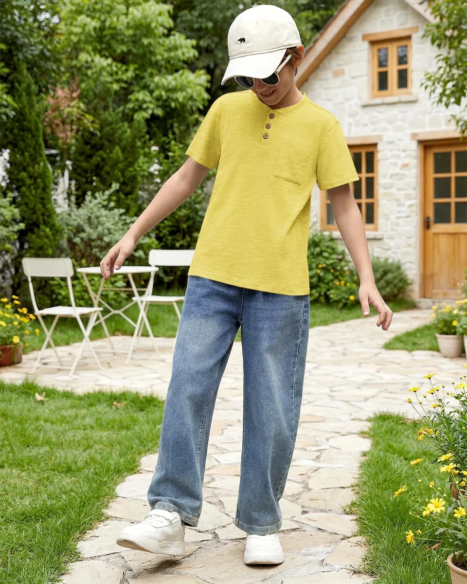 Camiseta de verano de algodón para niños, cuello redondo, botones sólidos, manga corta, bolsillo, casual, para niños, para uso diario