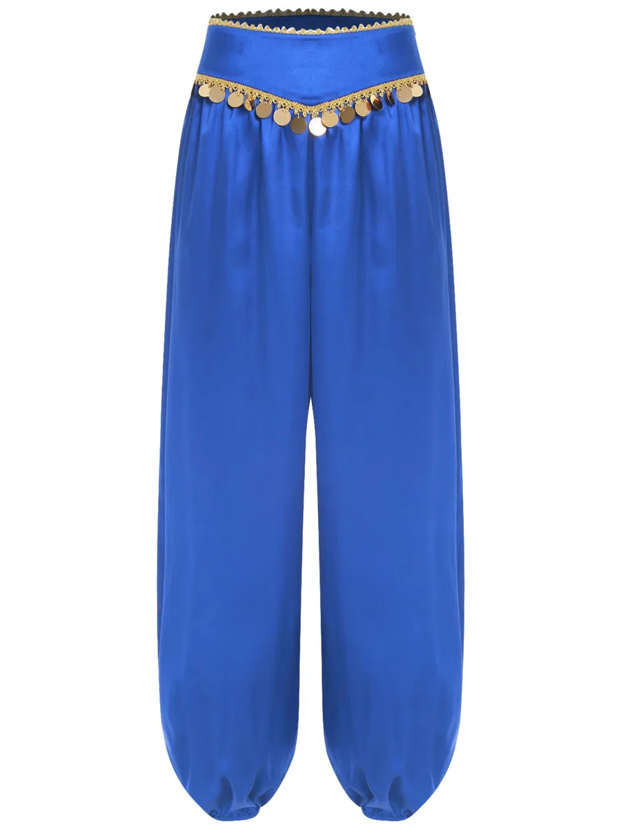 MSemis Pantalones Largos de Bombachos para Danza del Vientre Disfraz Mujer Pantalones Satén Detalles con Monedas Brillantes en Cinturón para Fiesta Actuación S-XXL