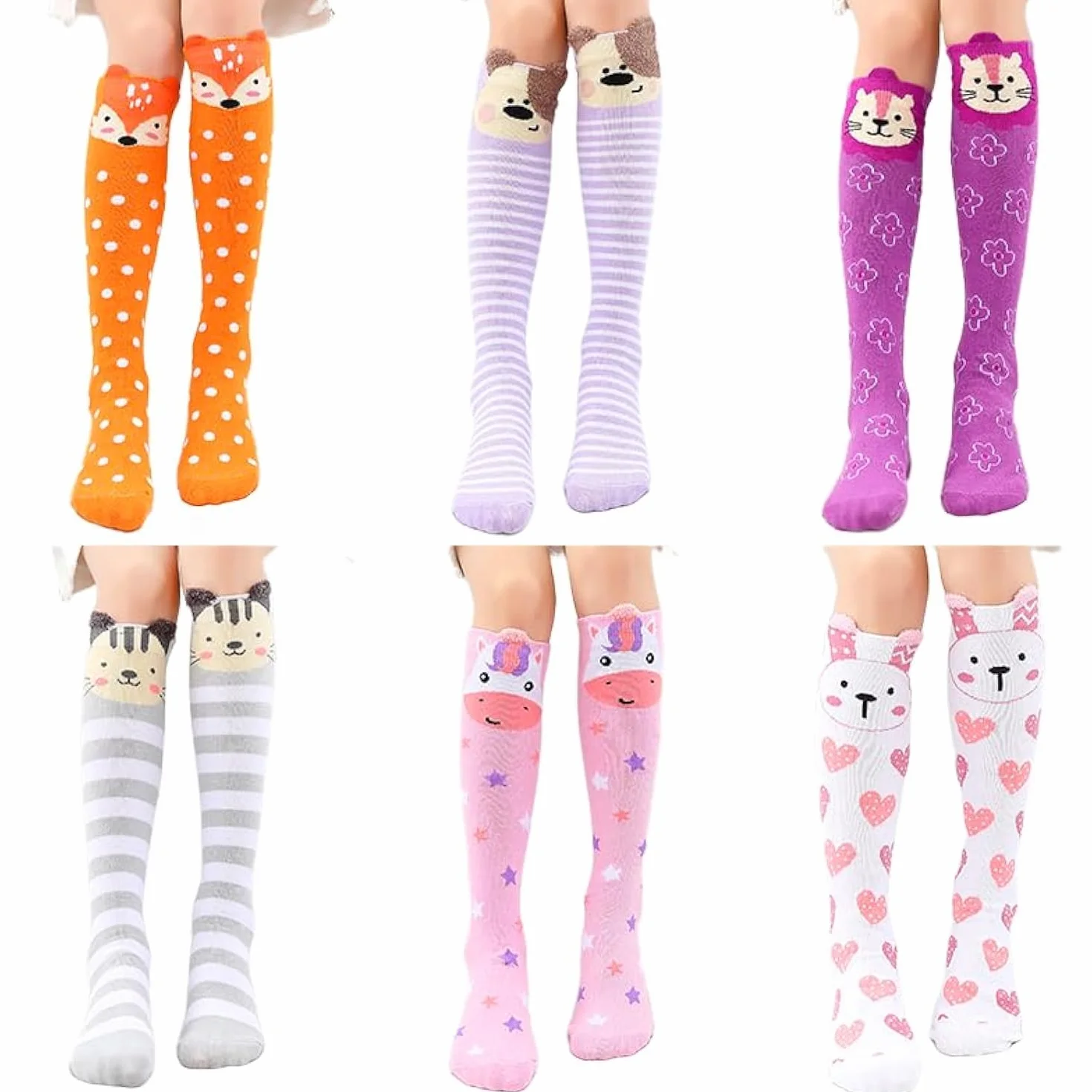 XEPST 6 Pares De Calcetines Hasta la Rodilla para Niñas - Dibujos Animados, Bota De Algodón a Media Pierna para 3 a 12 Años - Talla Única