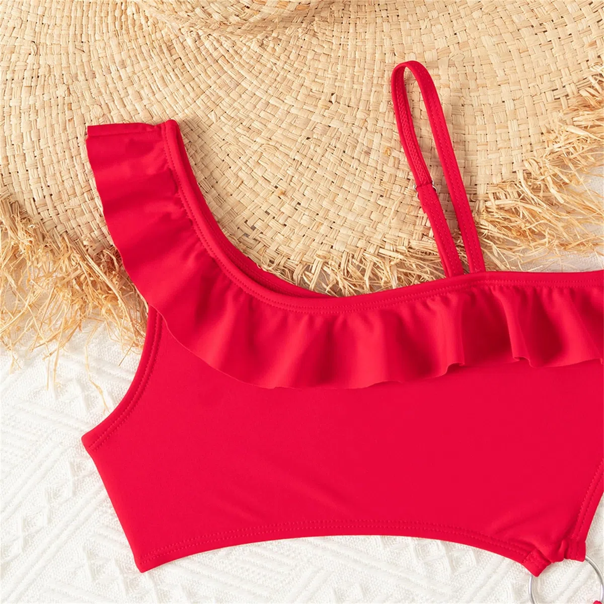 Bañador Niña de un Solo Hombro Bañadores Traje Baño con Volante Trikini Secado Rápido Moda Sexy Bikini Una Pieza Sólida Rojo Anillo Ropa Playa para Niñas Pequeños Piscina Infantil n1