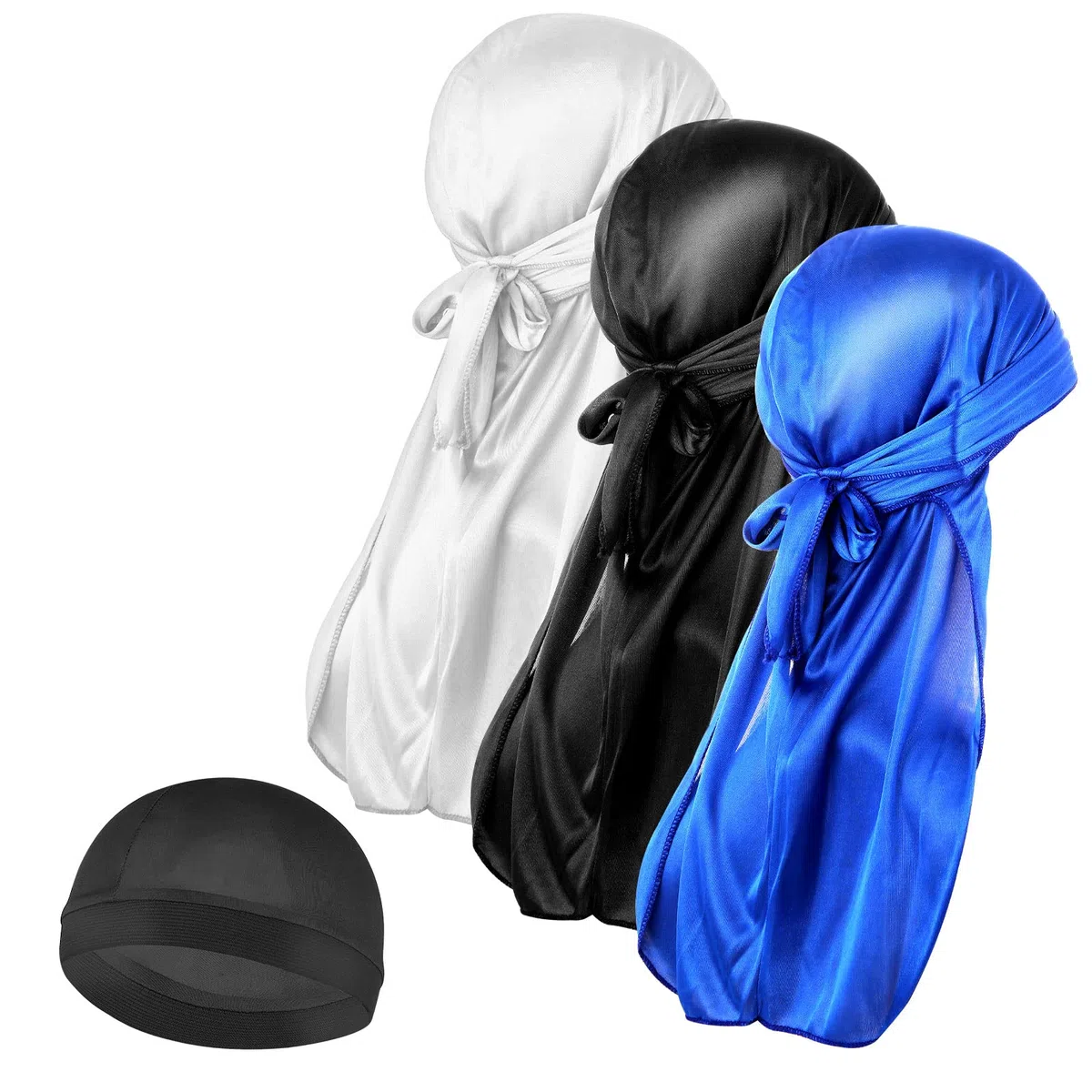 Molain 3 gorras onduladas de seda para hombre y 1 gorro de durag sedoso con cola larga, elástico, suave, transpirable, sedoso, perfecto para ondas 360/720