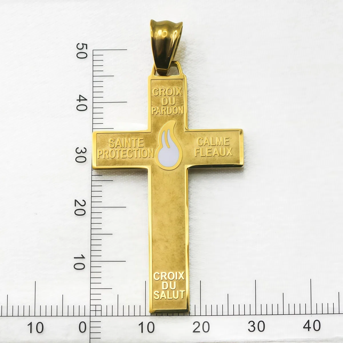 Católica Marie Julie Jahenny de Benedicción con protección Cruz de perdón con llama esmaltada blanca, cruz santa del perdón, crucifijo de acero inoxidable, cruz del perdón, cruz del perdón en acero
