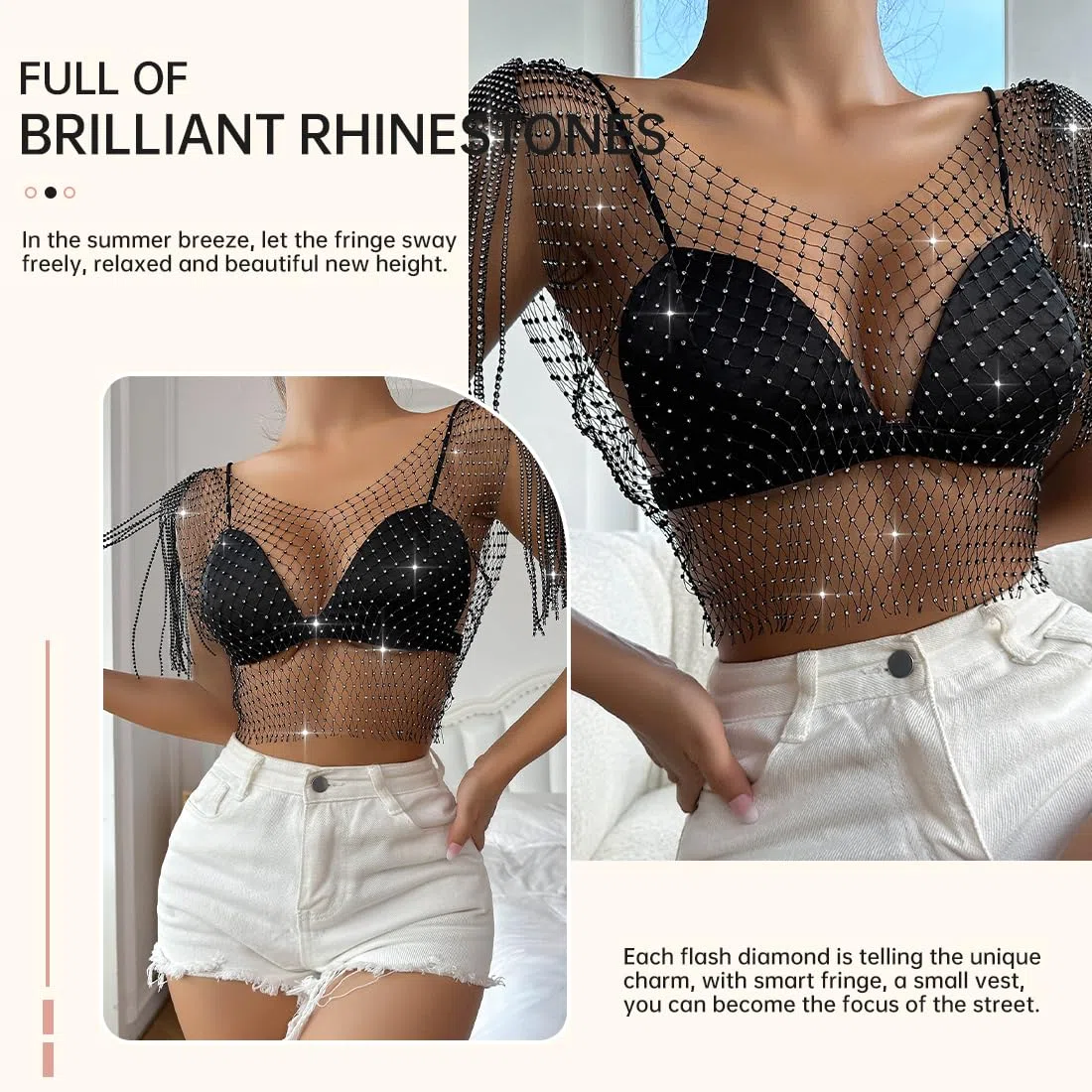 Cadena de cuerpo de malla de cristal hueco con diamantes de imitación negros, joyería corporal brillante, accesorios para el cuerpo para mujeres, niñas, discotecas, festivales