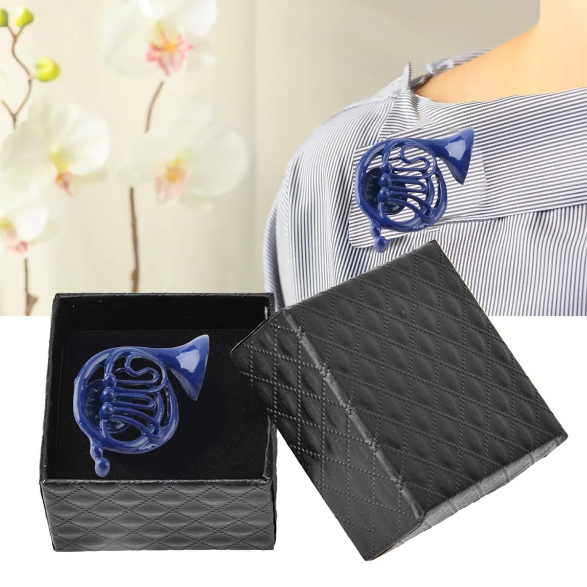 Broche Decorativo de Metal con Cuerno Azul, con Caja de Regalo, para Ropa, Sombreros, Bufandas