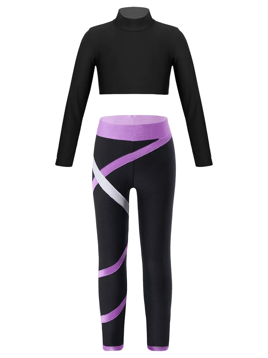 Freebily Conjunto de Deportivos para Niñas Crop Top de Manga Larga y Leggings Elásticos Pantalones Largos de Deporte Ropa de Gimnasia Yoga Fitness 5-14 Años