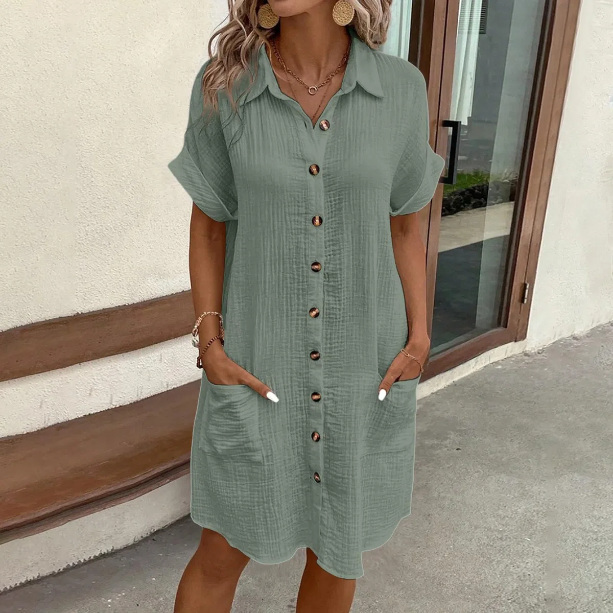 Vestido Verano Mujer Camisero Algodon Cortos Cuello V Mini Vestido Summer Dresses For Women Botones Vestidos Camiseros Sueltos Casual De Playa con Bolsillos