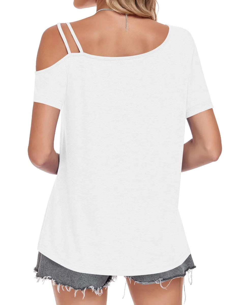 PLMOKEN Camiseta Hombros Descubiertos Mujer Verano Manga Corta Top de Hombro Asimétrico Casual