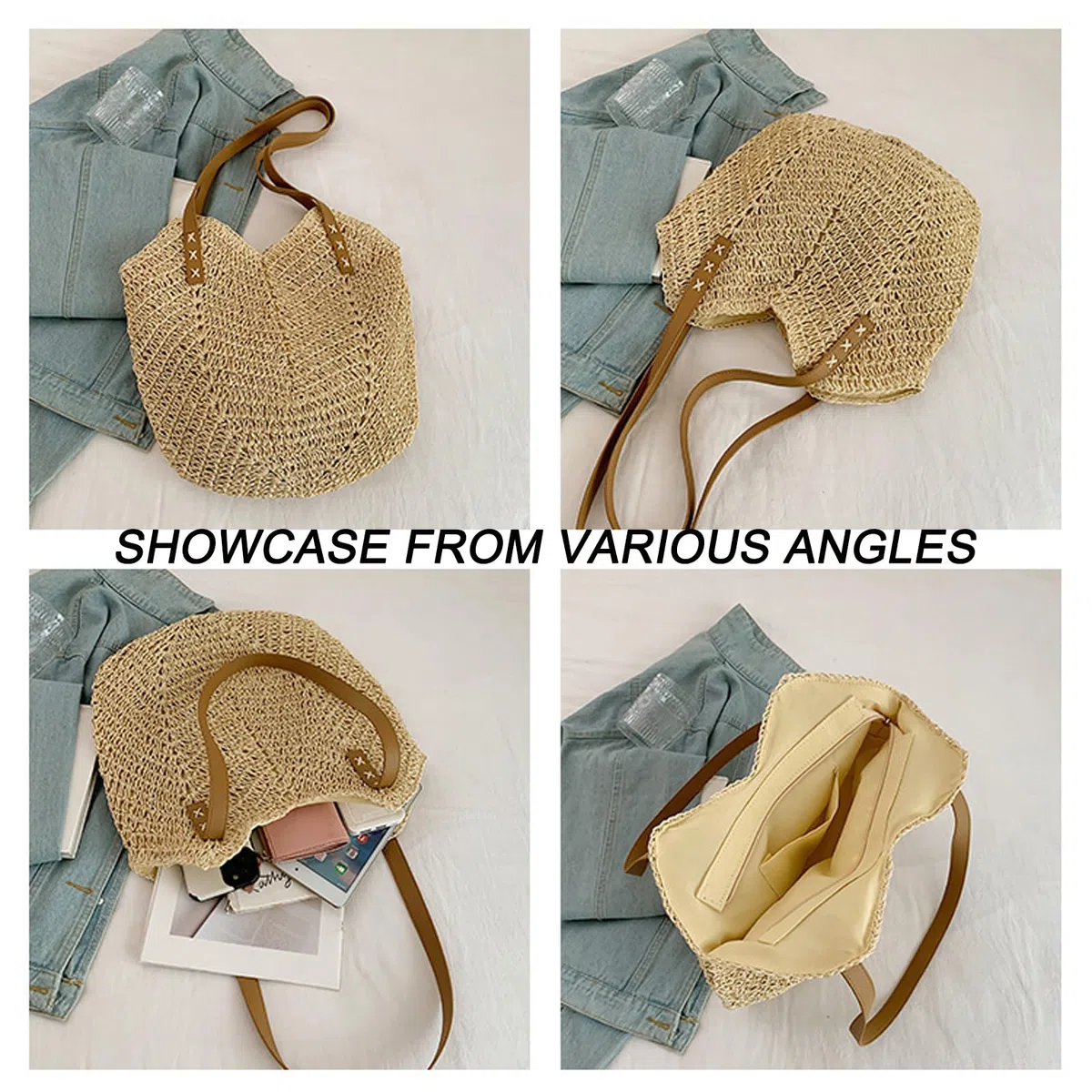 Bolso de Hombro de Paja, Bohemio Casual Bolso de Playa de Verano, Grande con Cremallera, Verano Bohemio Monederos Mujer, para Viajes A La Playa, Vacaciones, Citas