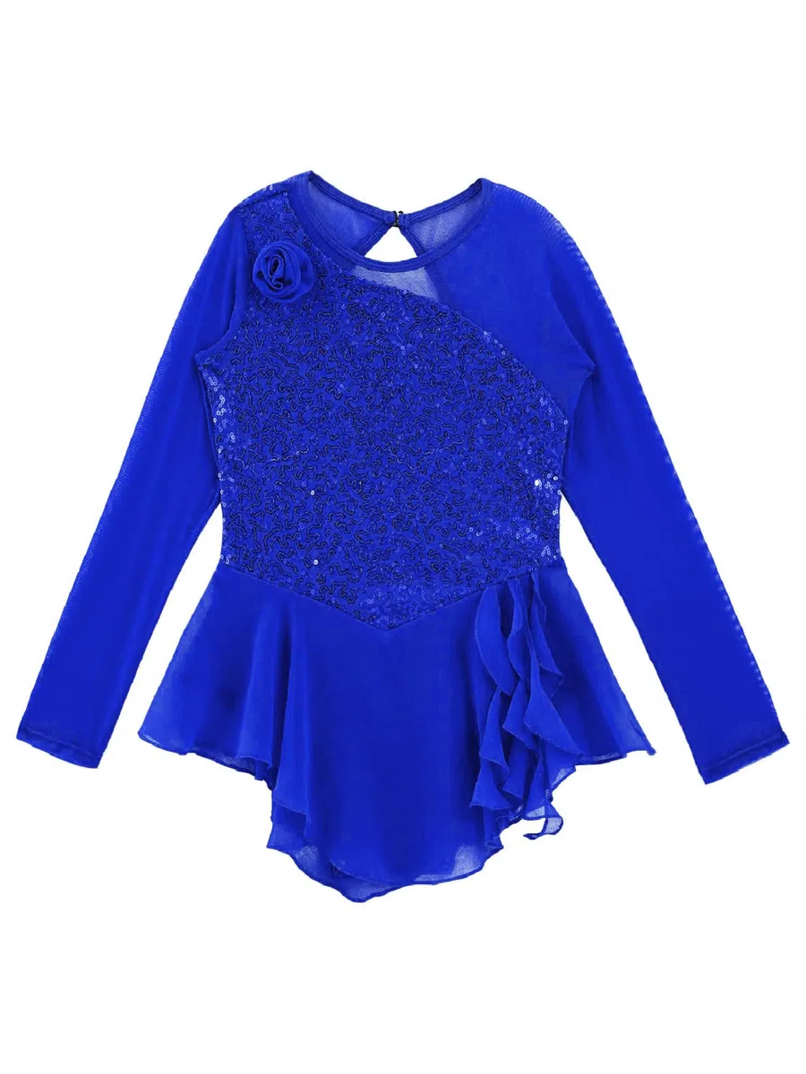 Alvivi Vestido Baile de Patinaje Artistico Niña Brillantes Maillot con Falda Gimnasia Rítmica de Manga Larga con Diadema Traje Patinaje Competición Niña