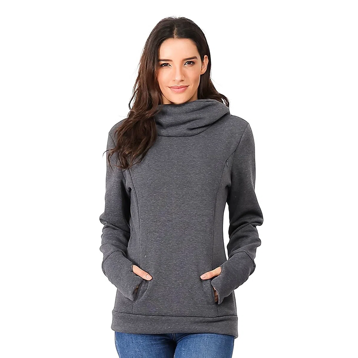 Jersey de lactancia para mujer, manga larga, cuello alto, jersey de maternidad, sudadera de invierno con bolsillos, sudadera de lactancia de dos capas, para embarazo, ropa de maternidad