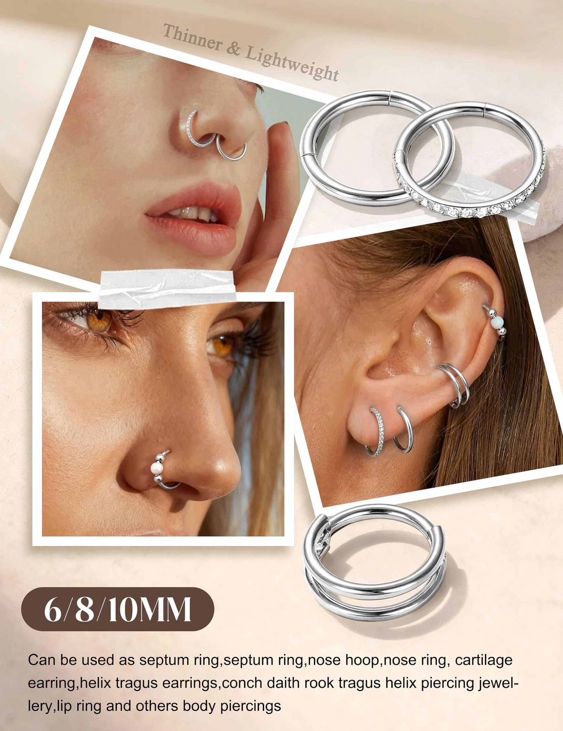Piercing Nariz Aro Acero Quirurgico Para Mujer Hombre,HipoalergéNico Clicker Piercing Oreja Helix Tragus Septum Daith CartíLago 16/18/20G,Hinged Segmento Pendientes Aro Acero Inoxidable 6mm/8mm/10mm