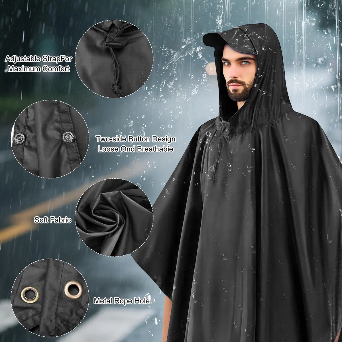 Chubasquero, Ligero, Reutilizable y Transpirable con Capucha, Impermeable Mujer Multifuncional 3 en 1 para Camping, Senderismo, Ciclismo y Pesca, Unisex （Negro）