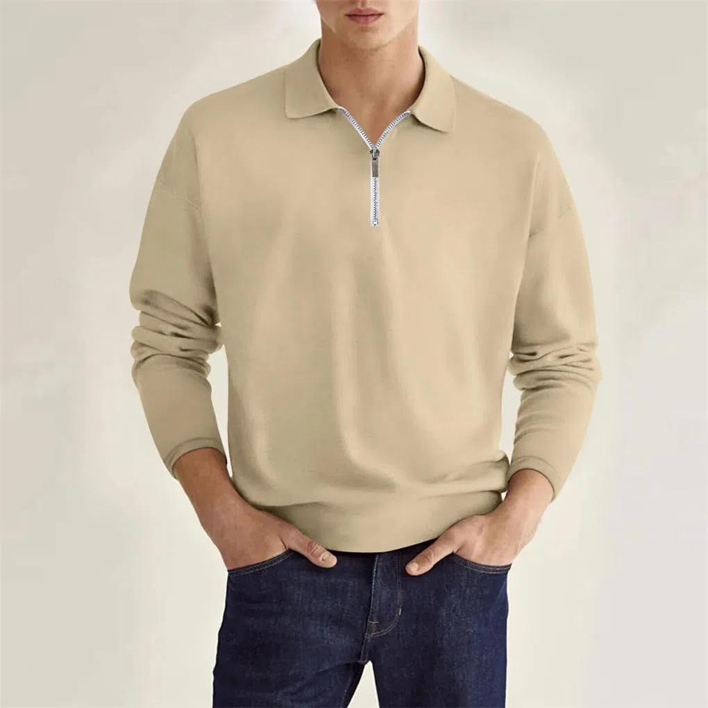 Rfmfkkg Polo de manga larga con cremallera de color sólido para hombre, estilo casual