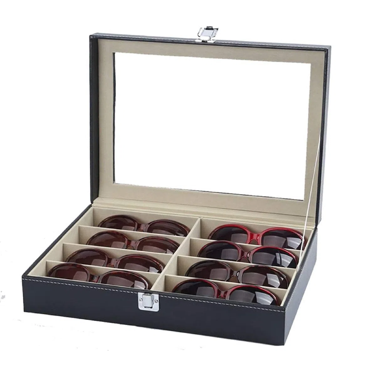 Caja Organizadora de Gafas con Tapa de Cristal y Cajones – Estuche Expositor de Gafas de Sol y Joyas, Cuero Sintético Premium, Gran Capacidad, para Hombre y Mujer (Una planta)