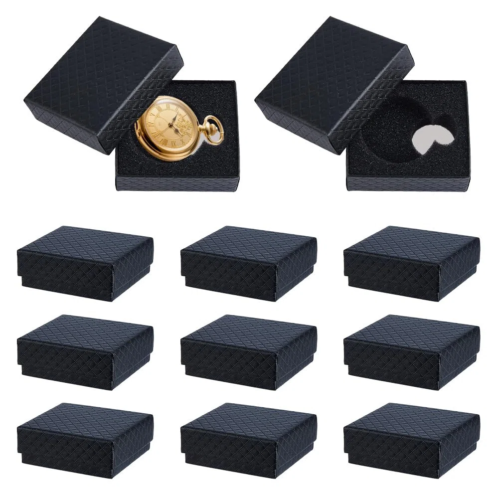 DICOSMETIC 12 cajas de regalo negras para relojes de bolsillo con textura de rombos, caja de embalaje de reloj de bolsillo individual con forro de esponja para hombres y mujeres, se adapta a relojes