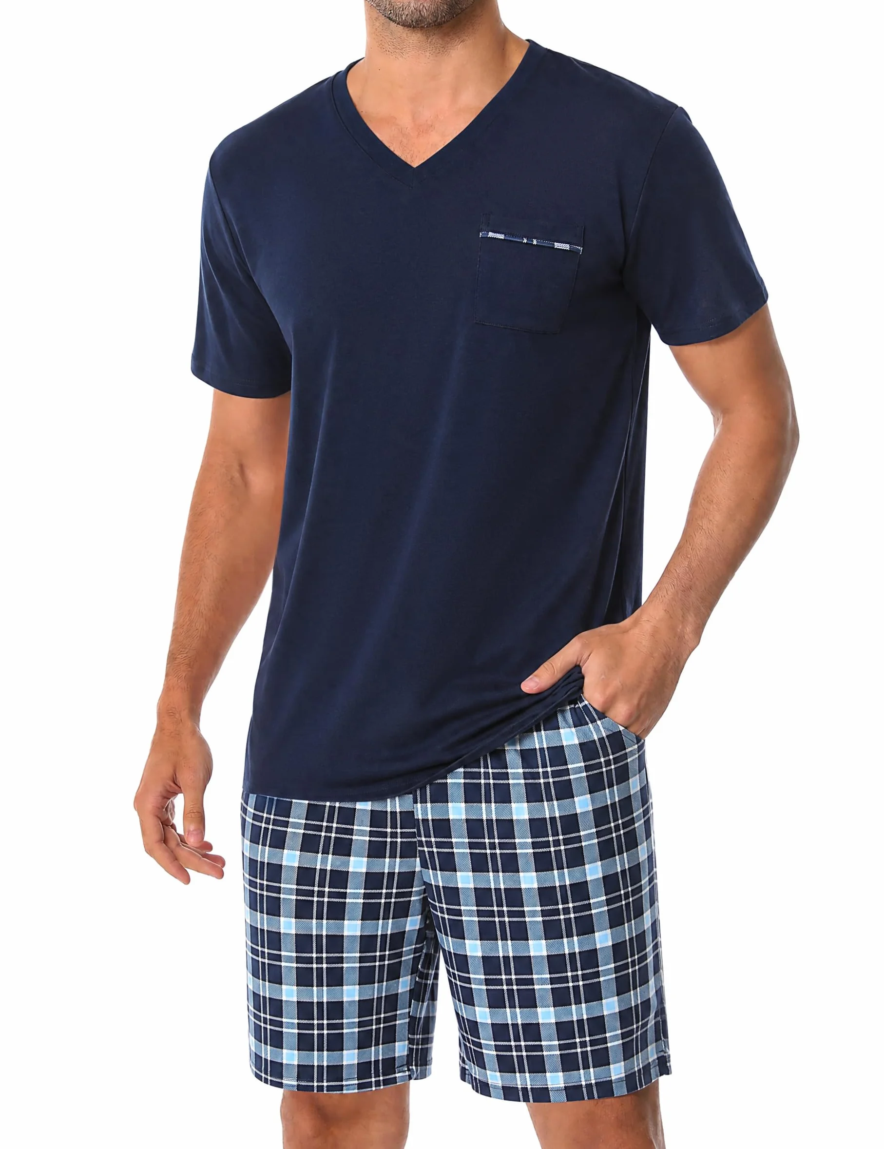 Bresdk Pijamas Cortos Hombre Algodón Verano Camisa de Manga Corta con Cuello en V y Pantalones Cortos a Cuadros Pijama 2 Piezas con Bolsillos Pecho