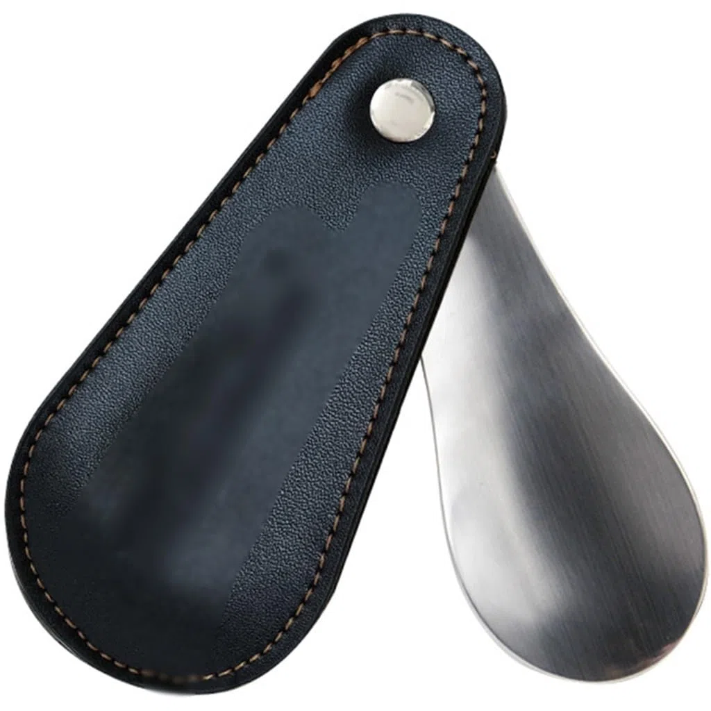 Metalowy Plegable Calzador De Zapatos Corto Mini, con Cubierta De Cuero PU, Herramienta Auxiliar