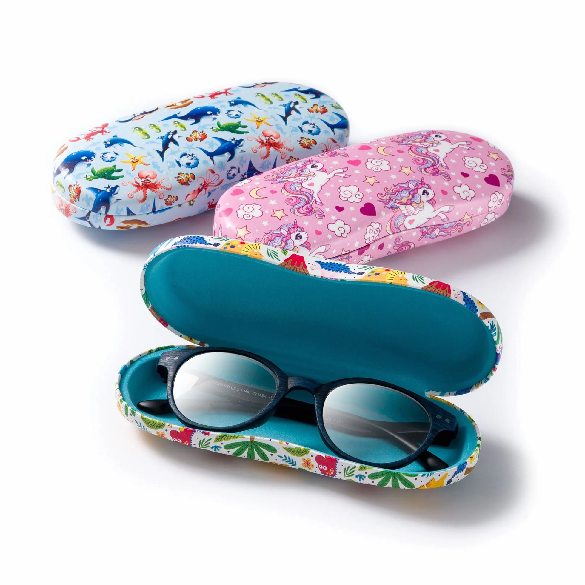 FEFI - Estuche para gafas para niños (carcasa rígida) con motivos divertidos - Incluye paño de limpieza para gafas/paño de microfibra, dino, M