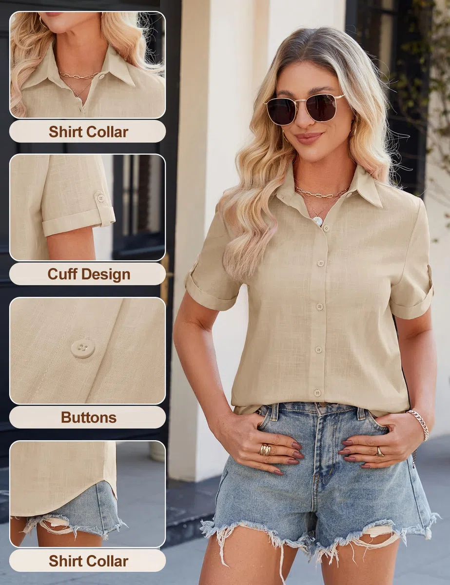 UMIPUBO Mujer Camisa Verano Manga Corta Basicas Blusas Elegantes Algodon Cuello V Polo Camisetas con Botón Trabajo Moda Casual Shirt Suelta y Versátil Color Sólido Tops