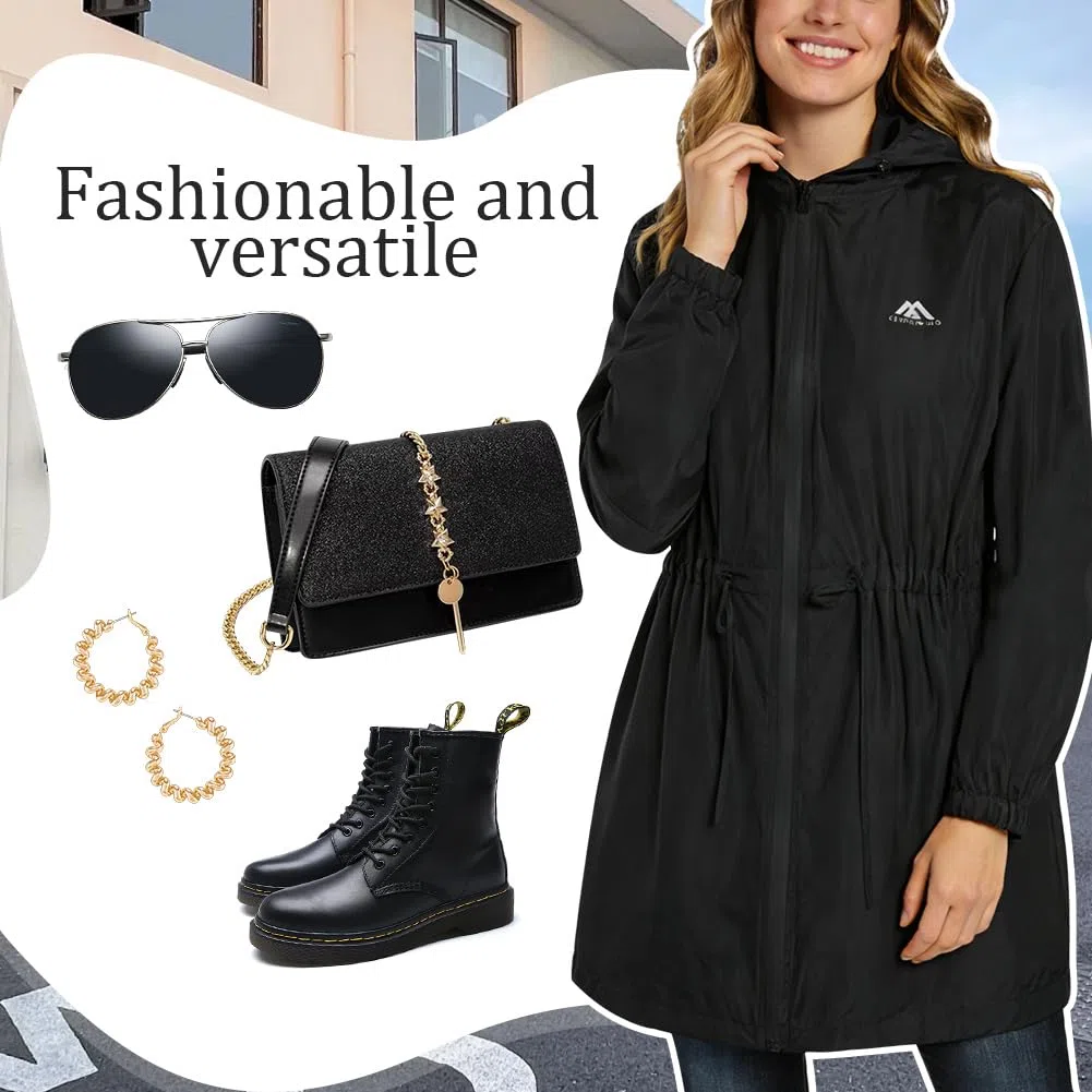 flintronic Chubasquero Mujer Cortaviento Ligero, Impermeable Chaqueta Transpirable con Capucha, Cremallera, Bolsillos, Senderismo Cazadora, Negro, L