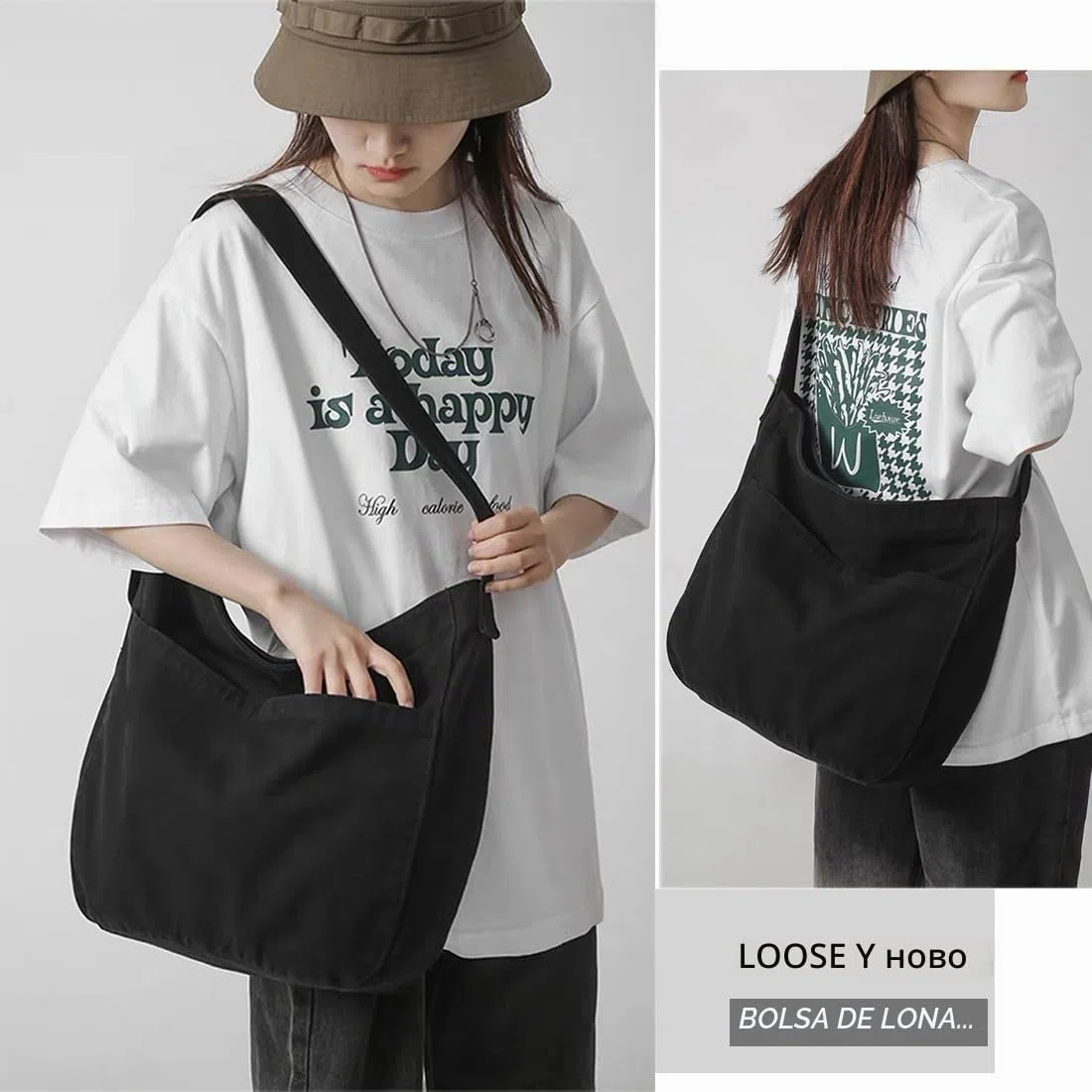Bolsa de lona casual Hobo bandolera para mujeres y hombres, bolso grande de mensajero, bolsa de mensajero, viaje y trabajo