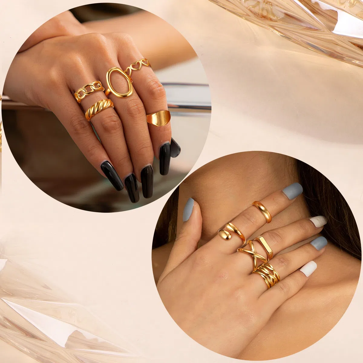Diamday Anillos Chunky Dorados para Mujeres de Acero Inoxidable 14K Ajustables Apilables con Diseño de Cúpula Grosor Trenzado Retorcido y de Nudillo para Dedos