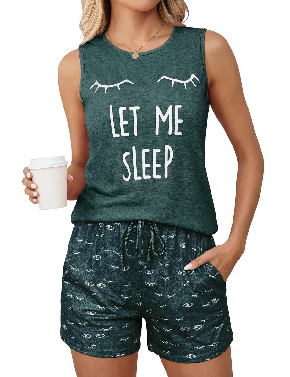 Uniexcosm Pijama Mujer Verano Algodón Pijamas Cortos Mujer Sin Mangas Sexy Conjunto de Pijama 2 Piezas Cuello Redondo Impresión de pestañas Top y Shorts