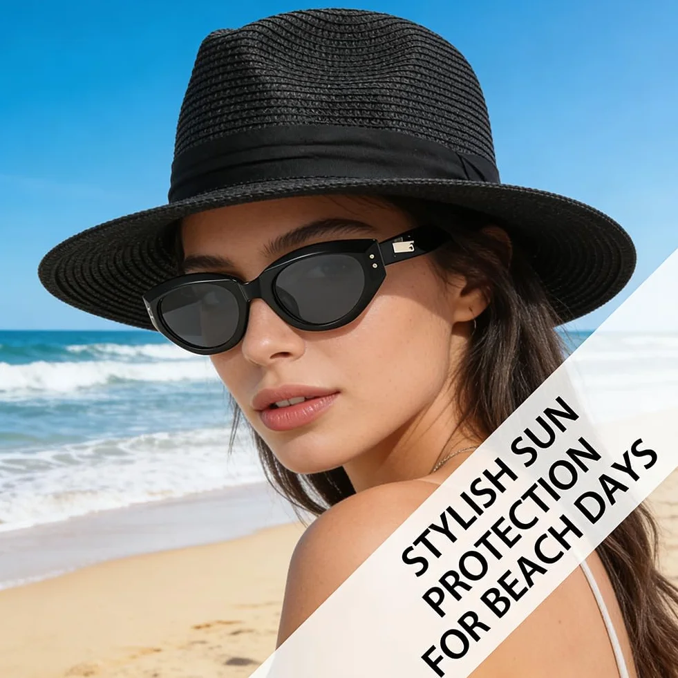 Set Sombrero Panama de Paja de ala Ancha y Gafas de Sol para Mujer, Sombrero de Playa Plegable, Gafas de Sol UV400 Retro para Viaje, Verano y Exterior, Negro