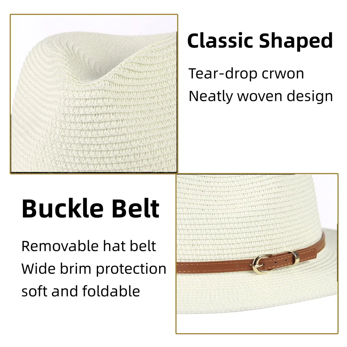Sombreros de paja para mujeres y hombres, sombrero de verano Panamá Fedora con cinturón de cuero, ala ancha, gorra de jazz para playa