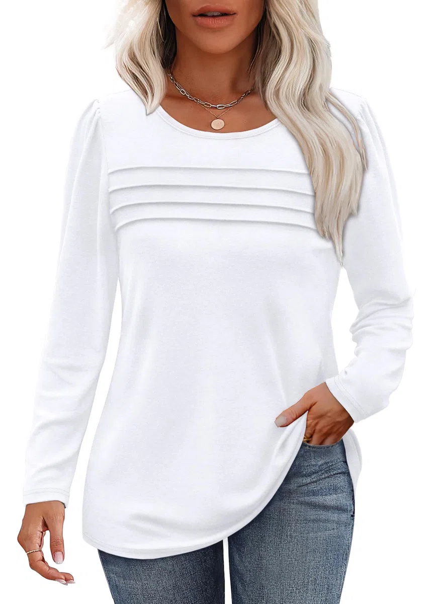 Cuptacc Camiseta de manga larga para mujer, cuello redondo, holgada, con pliegues, mangas abullonadas, con botones, manga larga para mujer