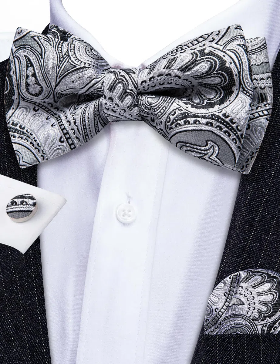 Barry.Wang Men's Paisley Silk Pre-tied Bow Tie Set Pocket Square and Cufflinks for Weddings and Formal Events