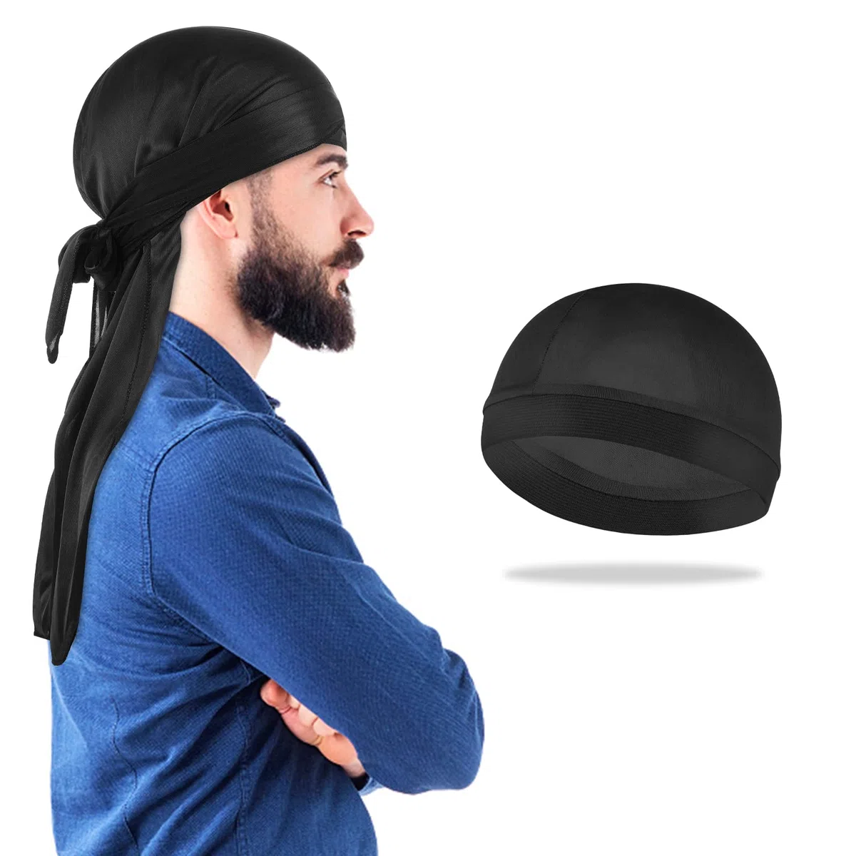 Molain 3 gorras onduladas de seda para hombre y 1 gorro de durag sedoso con cola larga, elástico, suave, transpirable, sedoso, perfecto para ondas 360/720
