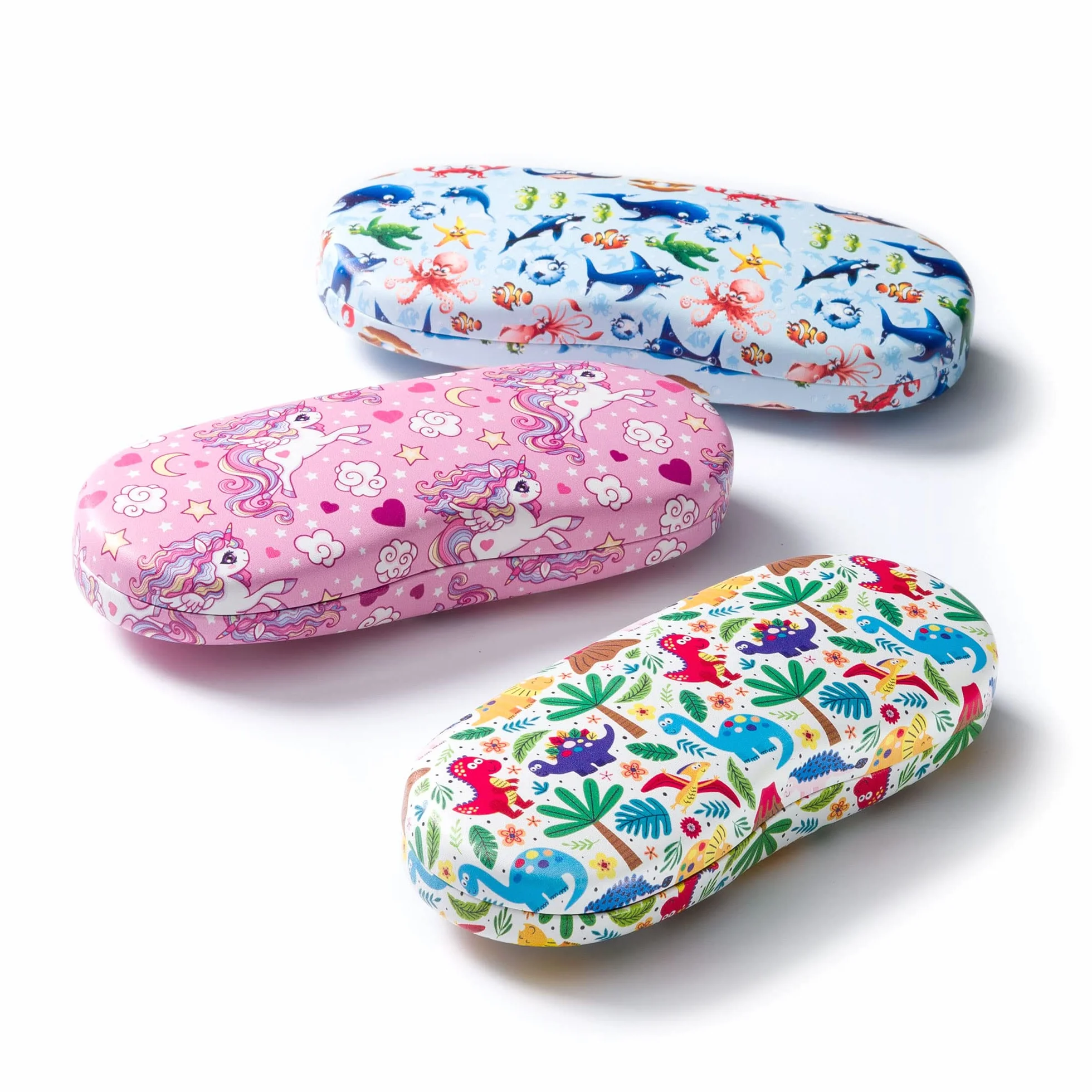 FEFI - Estuche para gafas para niños (carcasa rígida) con motivos divertidos - Incluye paño de limpieza para gafas/paño de microfibra, dino, M