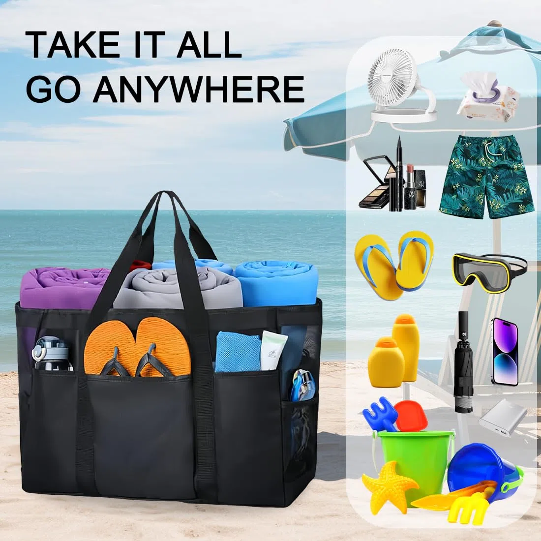 Bolso de Playa de Malla Negro XXL Familiar con Cremallera,50 * 34 * 20cm Bolso de Playa para Mujer Grande,Impermeable Bolsa Playa para Viaje Compras Playa