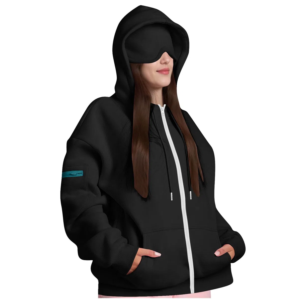 Sudadera con capucha de viaje con máscara de ojos integrada en avión, sudaderas de gran tamaño para mujer, otoño e invierno, informales, cómodas, sudaderas de manga larga, sudaderas con capucha con